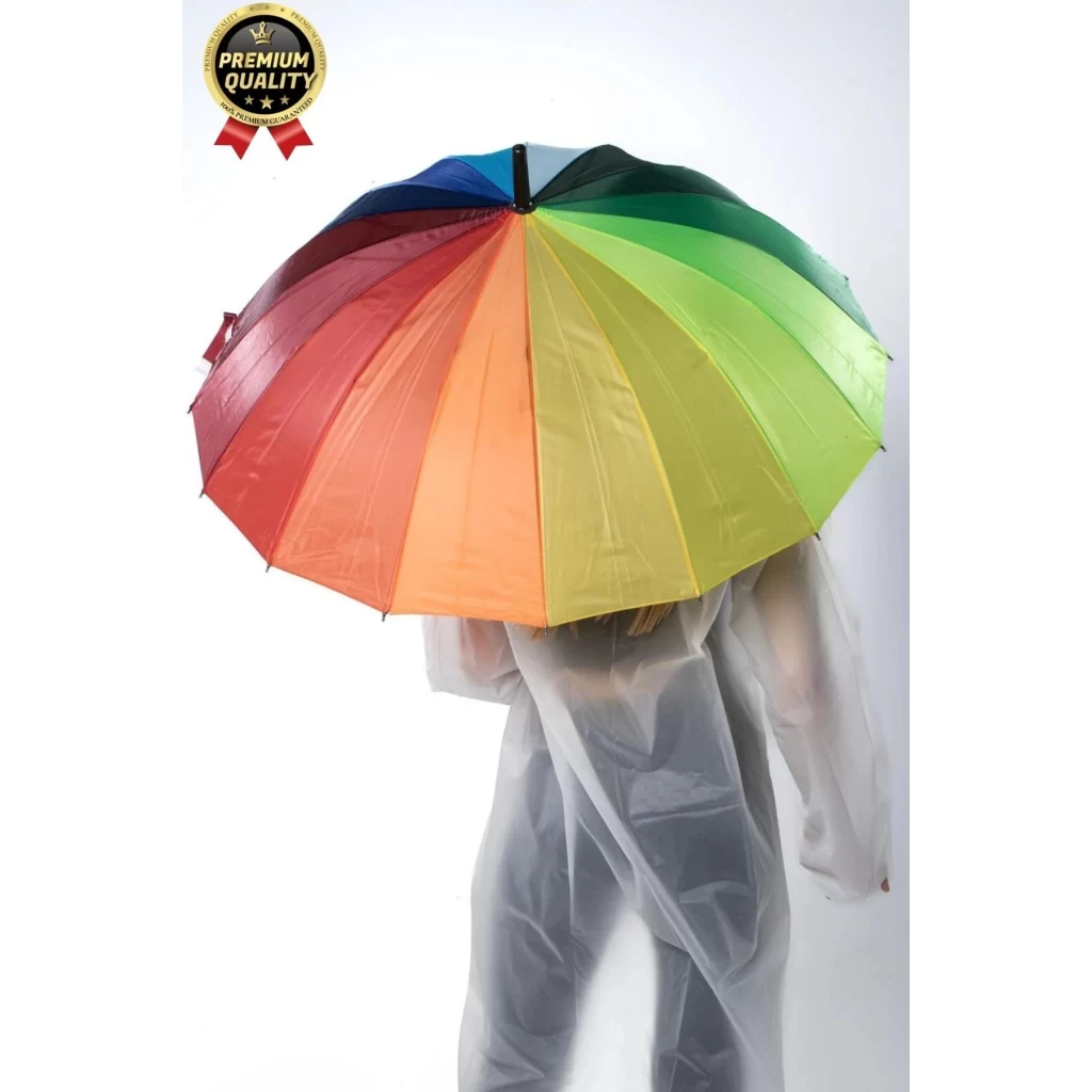 Özel Tasarım Rüzgara Dayanıklı Otomatik Model Fiber 16 Telli  Gökkuşağı Desenli Baston Şemsiye 55cm