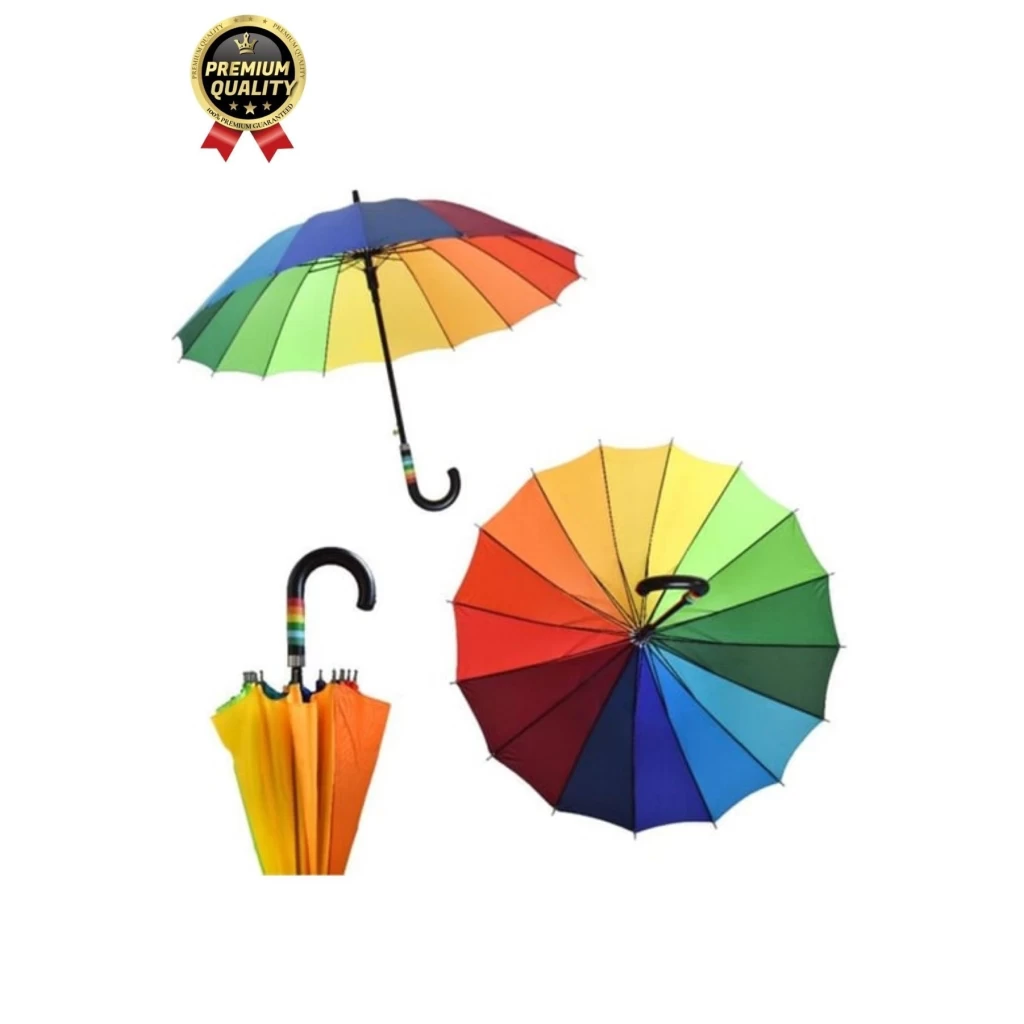 Özel Tasarım Rüzgara Dayanıklı Otomatik Model Fiber 16 Telli  Gökkuşağı Desenli Baston Şemsiye 55cm