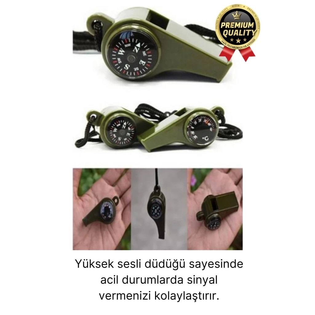Çok Fonksiyonlu Yüksek Sesli Pusulalı Termometreli Suya Dayanıklı Kamp Deprem Acil Durum Düdüğü