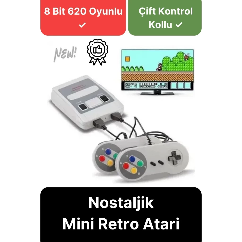 Premium HD Klasik 8 Bit 620 Oyunlu Televizyon Çift 2 Kontrol Kollu Nostalji Super Mini Retro Atari