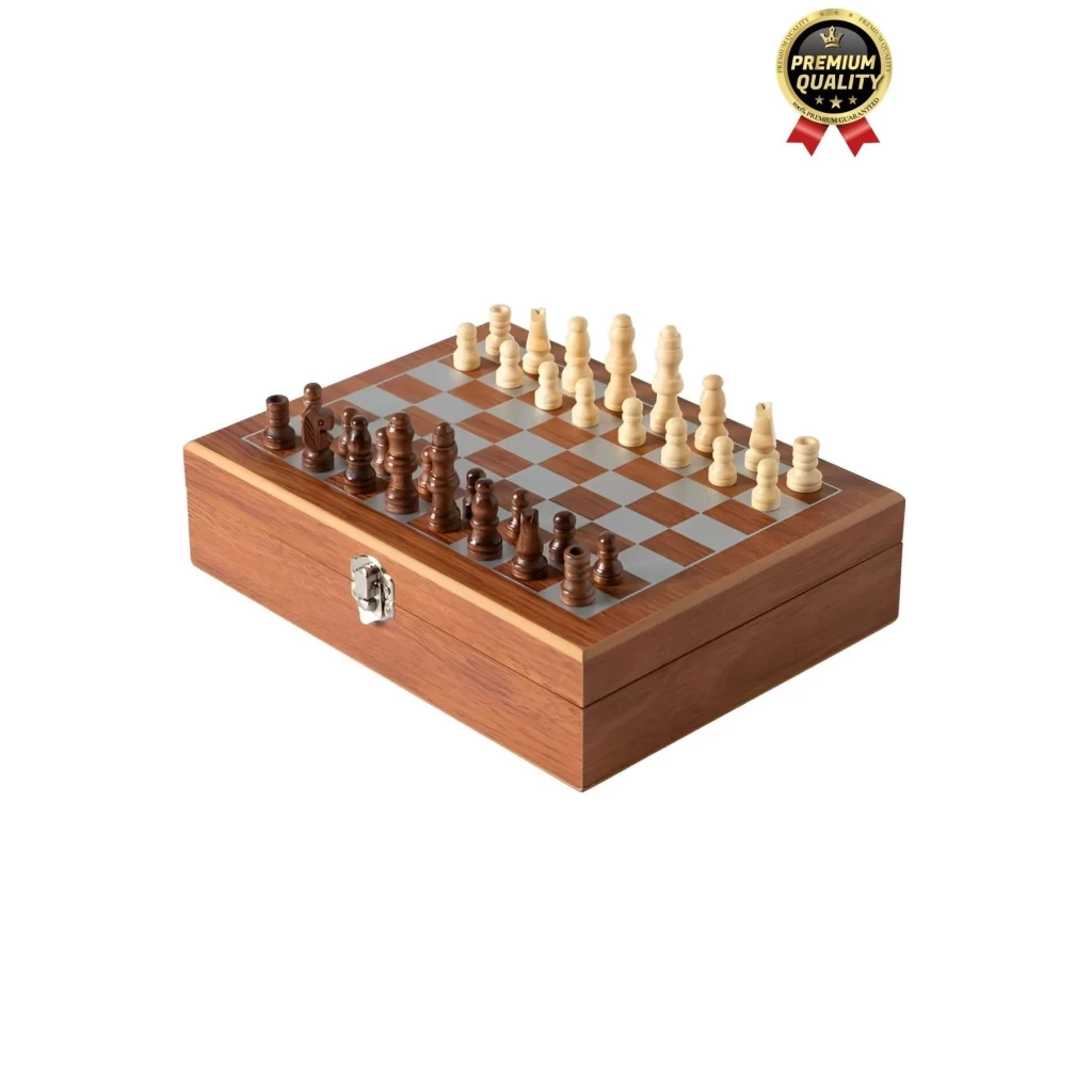 Deluxe Paslanmaz Çelik 8.Oz 2 Shot Bardaklı Satrançlı Ahşap Kutulu Alkol Deri Matara Seti 20*18 Cm
