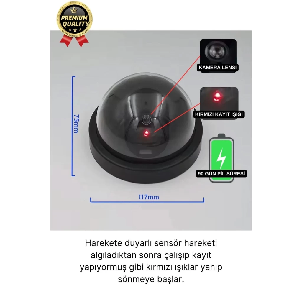 Deluxe 5 Metre Harekete Duyarlı Pilli Yanıp Sönen Kırmızı Işıklı Caydırıcı Dome Güvenlik Kamerası