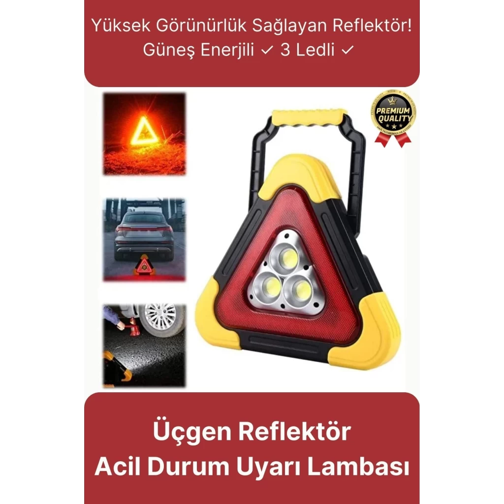 Premium Güneş Enerjili Güçlü Işık 3 Ledli Solar Üçgen Refluj Reflektör Acil Durum Uyarı Lambası