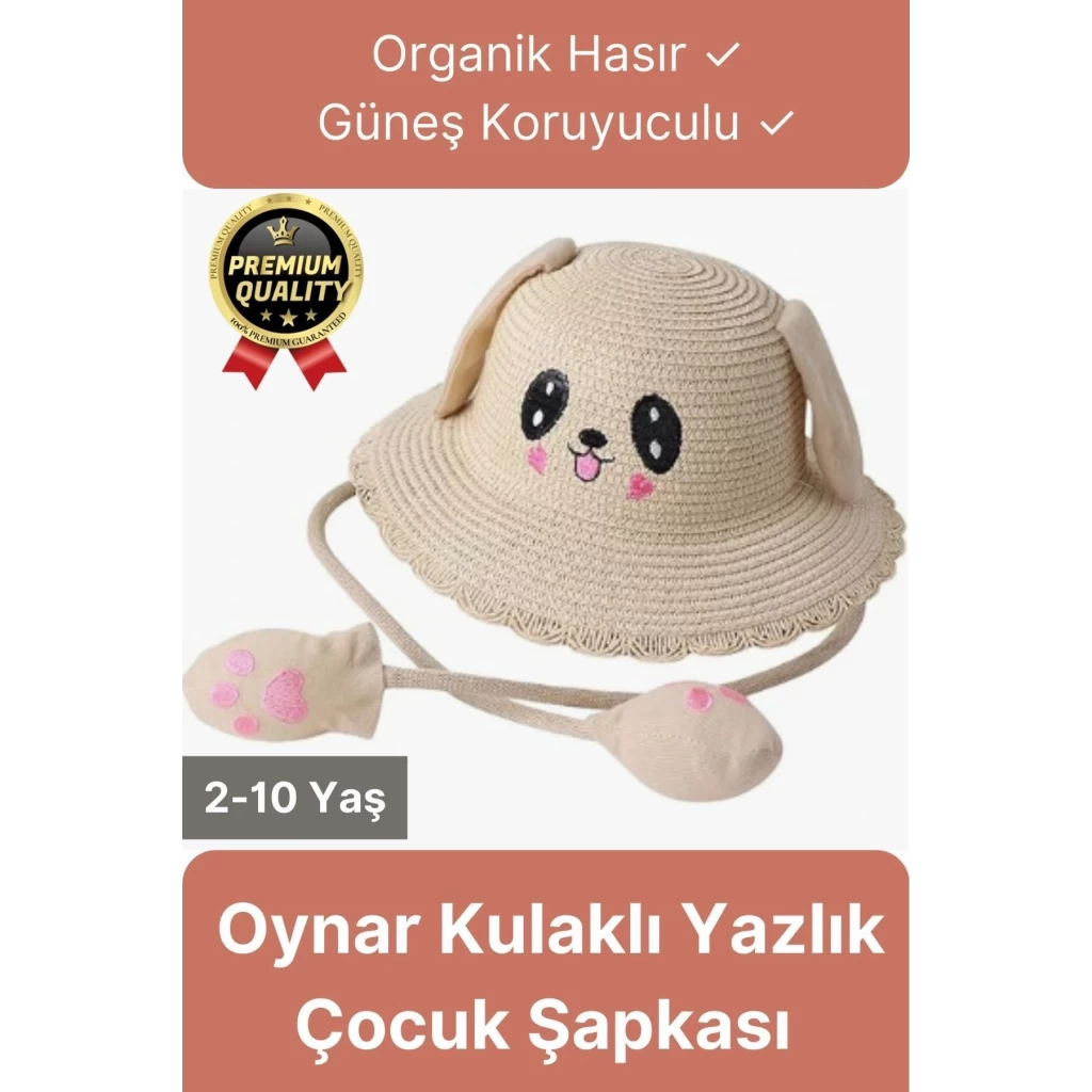 Özel Tasarım Organik Hasır Güneş Koruyuculu 2-10 Yaş Hareket Eden Oynar Kulaklı Yazlık Çocuk Şapka