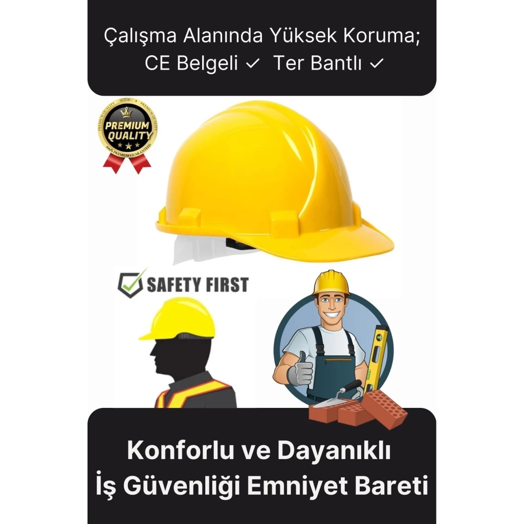 Premium Dayanıklı Konforlu CE Belgeli Ter Bantlı Şantiye İnşaat İş Güvenliği Sarı Emniyet Bareti