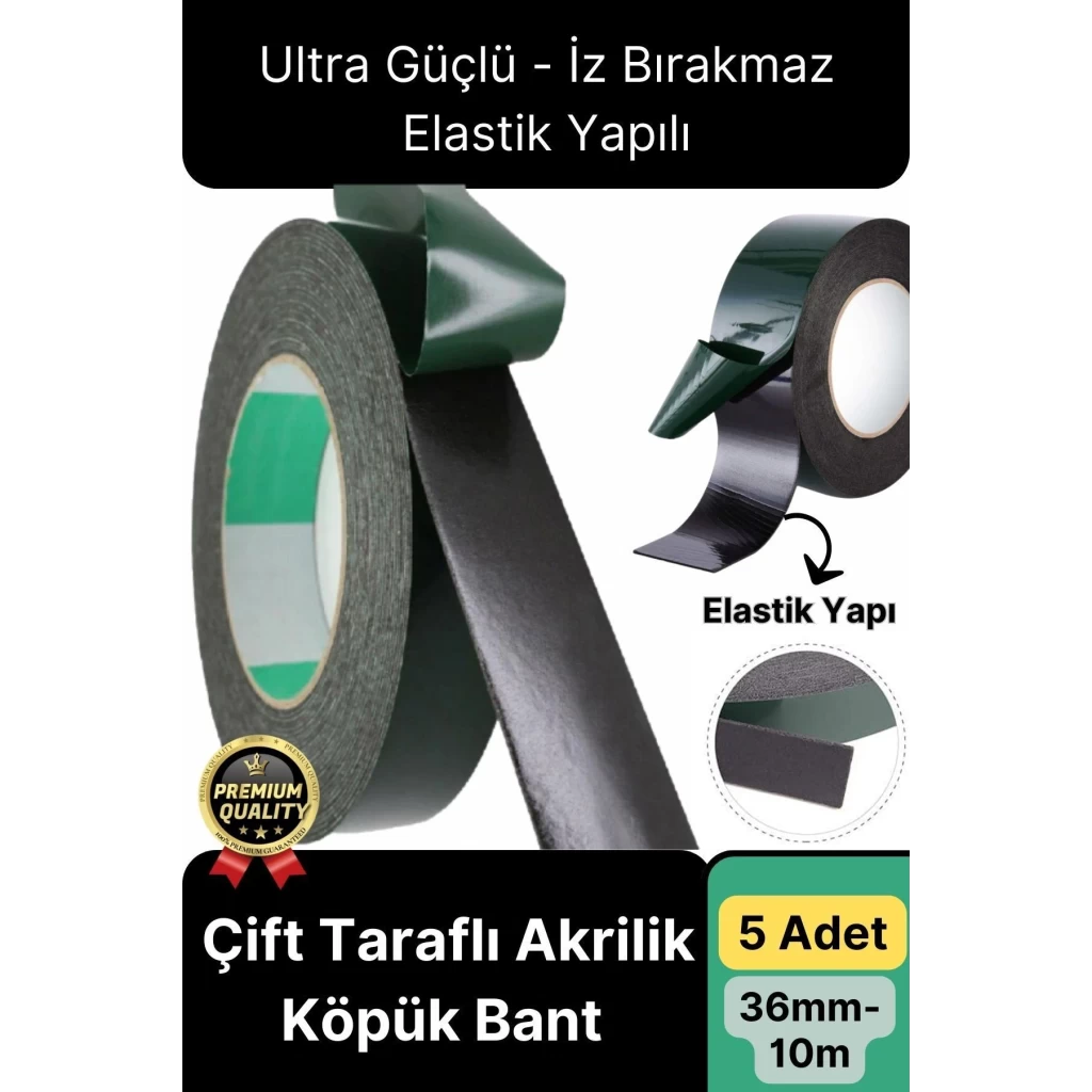 Premium Ultra Güçlü İz Bırakmaz Elastik Yapılı Çift Taraflı Akrilik Köpük Bant 36mm - 10m - 5 Adet