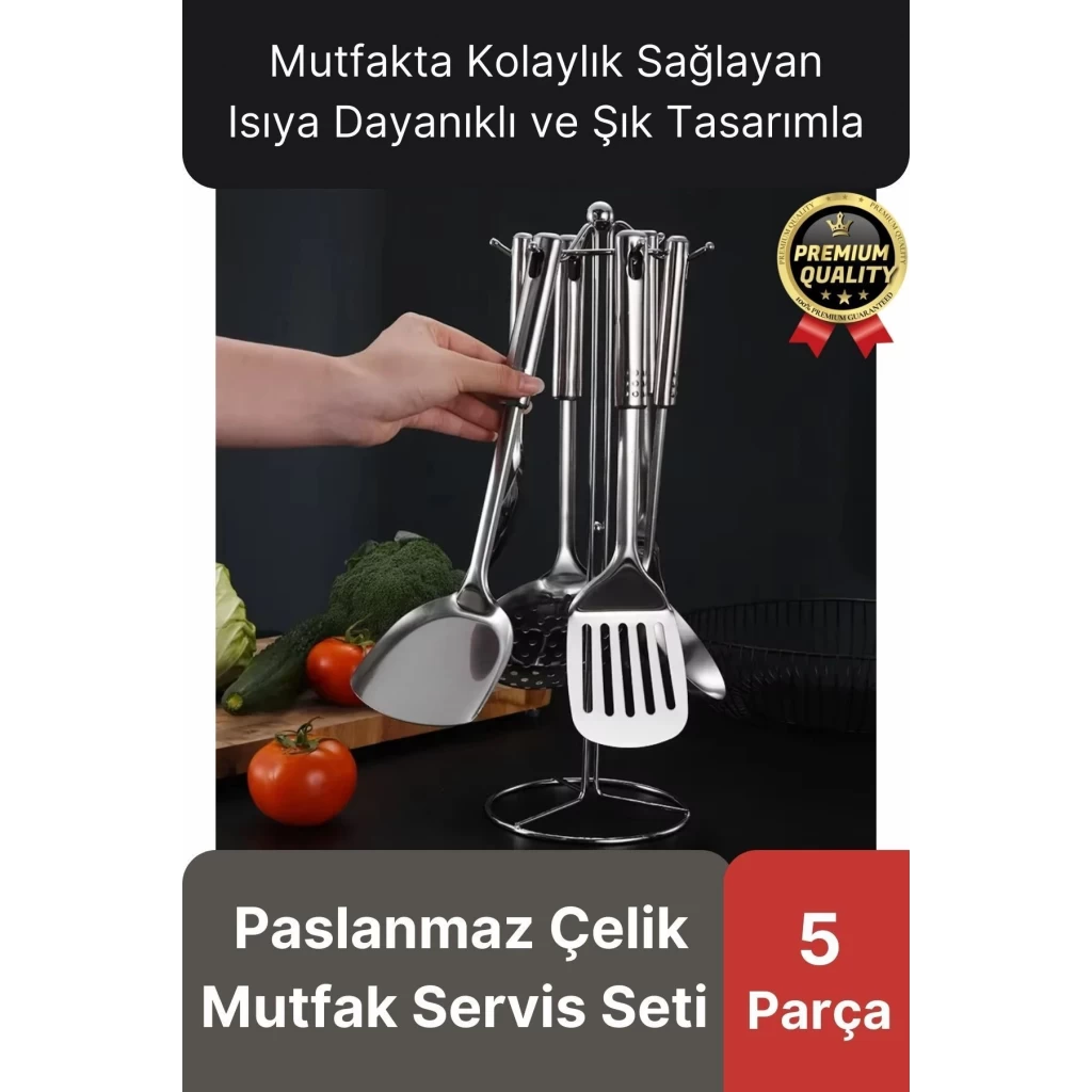 Çok Amaçlı Paslanmaz Çelik Isıya Dayanıklı Saplı Spatula Kepçe 5 Parça Standlı Mutfak Servis Seti