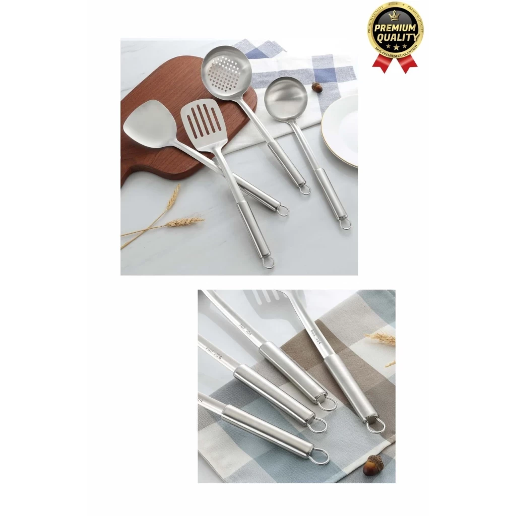 Çok Amaçlı Paslanmaz Çelik Isıya Dayanıklı Saplı Spatula Kepçe 5 Parça Standlı Mutfak Servis Seti