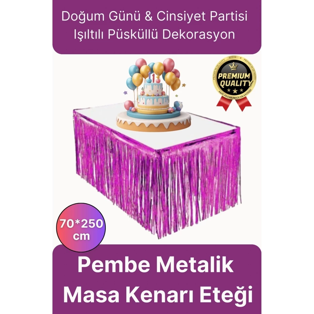 Premium Dekorasyon Püsküllü Işıltılı Doğum Günü Cinsiyet Partisi Pembe Masa Kenarı Eteği 70*250cm