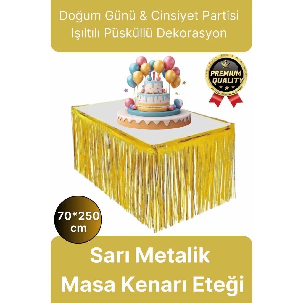 Premium Dekorasyon Püsküllü Işıltılı Doğum Günü Cinsiyet Partisi Sarı Masa Kenarı Eteği 70*250cm