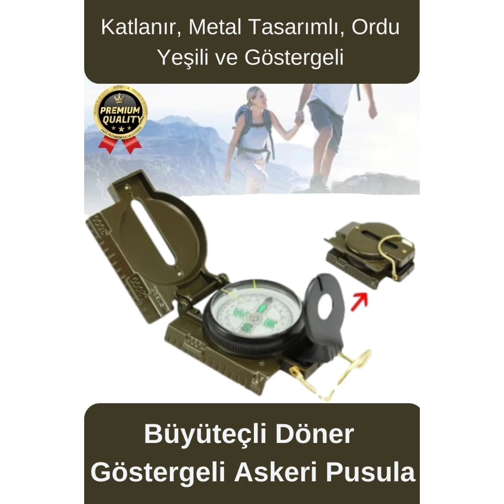 Premium Metal Taşınabilir Katlanır Tel Kılavuzlu Büyüteçli Göstergeli Ordu Yeşili Kamp Askeri Pusula