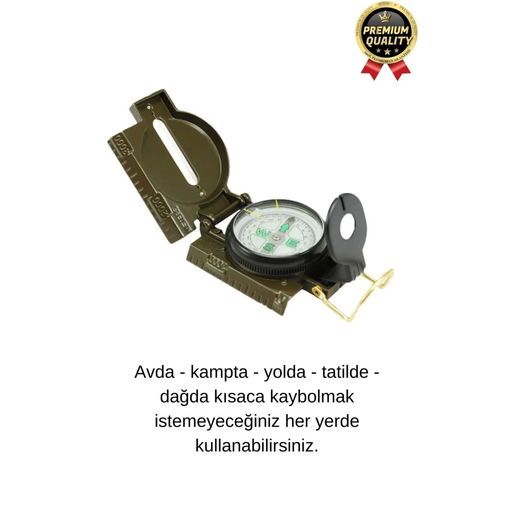 Premium Metal Taşınabilir Katlanır Tel Kılavuzlu Büyüteçli Göstergeli Ordu Yeşili Kamp Askeri Pusula
