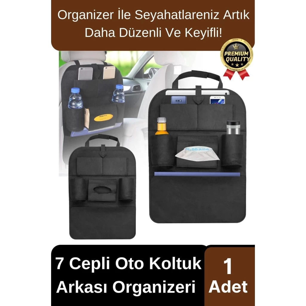 Özel Üretim Oto Aksesuarı 7 Cepli Keçe Koltuk Arkası Organizeri Araç İçi Eşya Çanta Düzenleyici