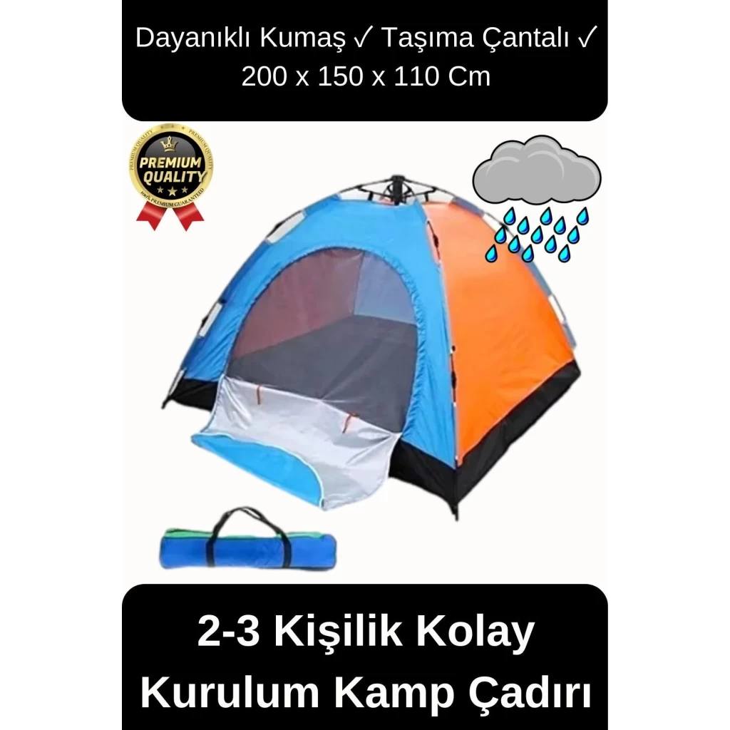 Ultra Dayanıklı Kolay Kurulum Taşıma Çantalı Su Geçirmez Sineklikli Tüllü 2-3 Kişilik Kamp Çadırı