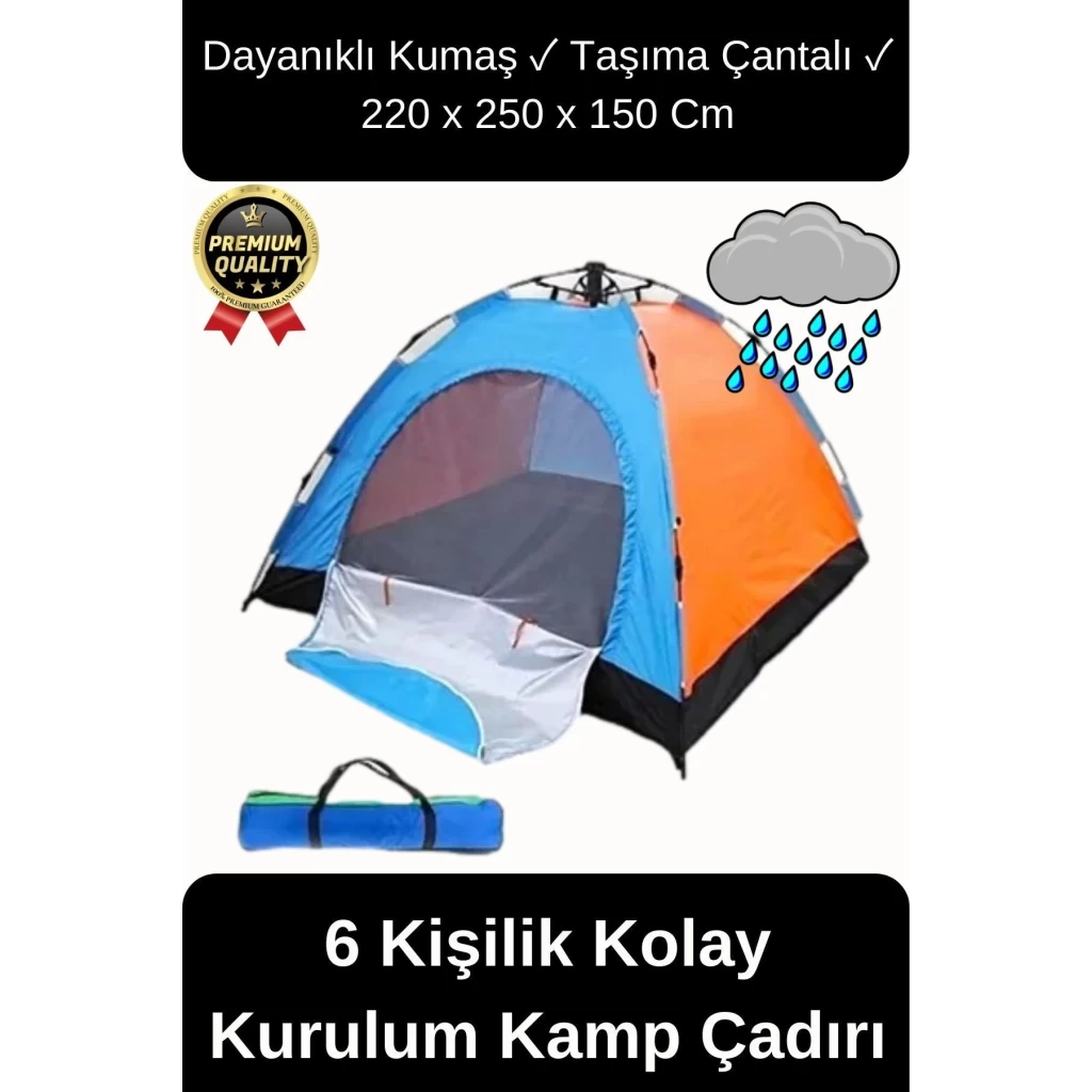 Ultra Dayanıklı Kolay Kurulum Taşıma Çantalı Su Geçirmez Sineklikli Tüllü 6 Kişilik Kamp Çadırı