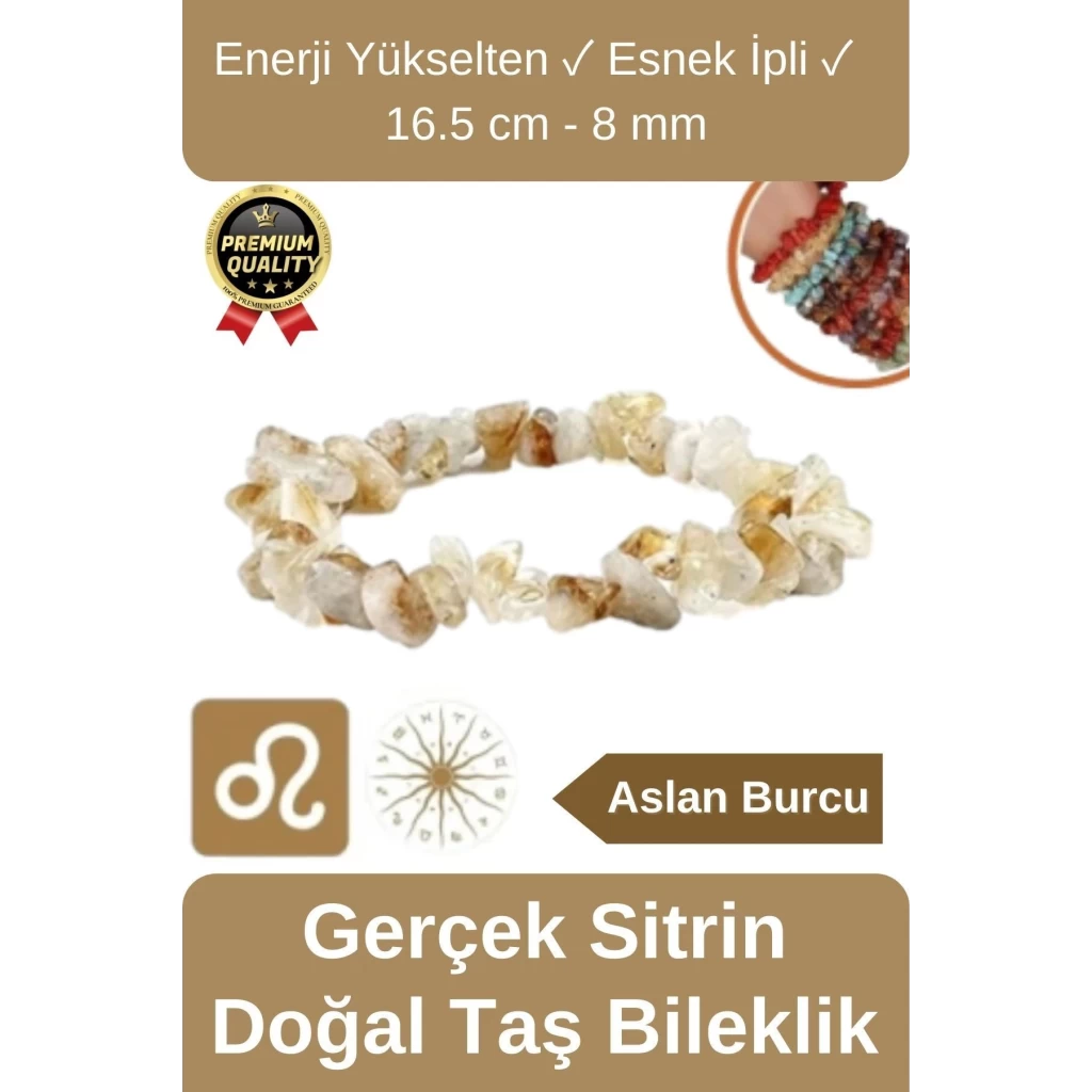 Özel Üretim Enerji Yükselten Esnek İpli Aslan Burcu Gerçek Sitrin Doğal Taş Unisex Bileklik 16.5 cm