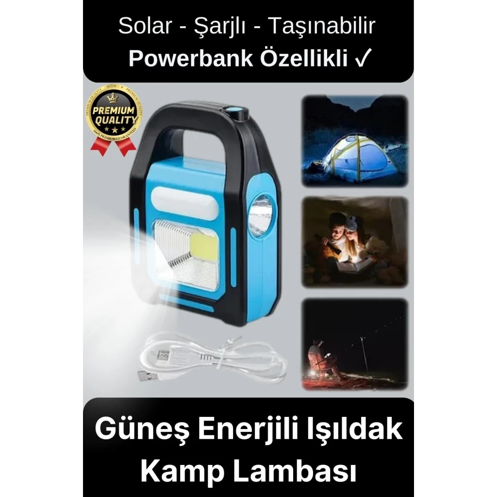 Çok Amaçlı Güneş Enerjili Powerbank USB Şarj Edilebilir Su Geçirmez Solar Işıldak Fener Kamp Lambası