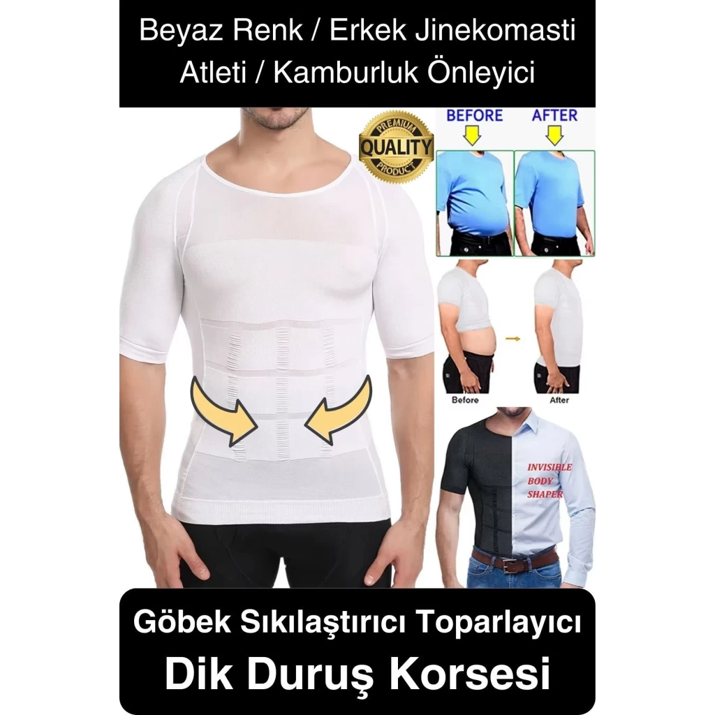 Beyaz Renk Erkek Bel Göğüs Dik Duruş Korsesi Atlet Jinekomasti Göbek Sıkılaştırıcı Toparlayıcı