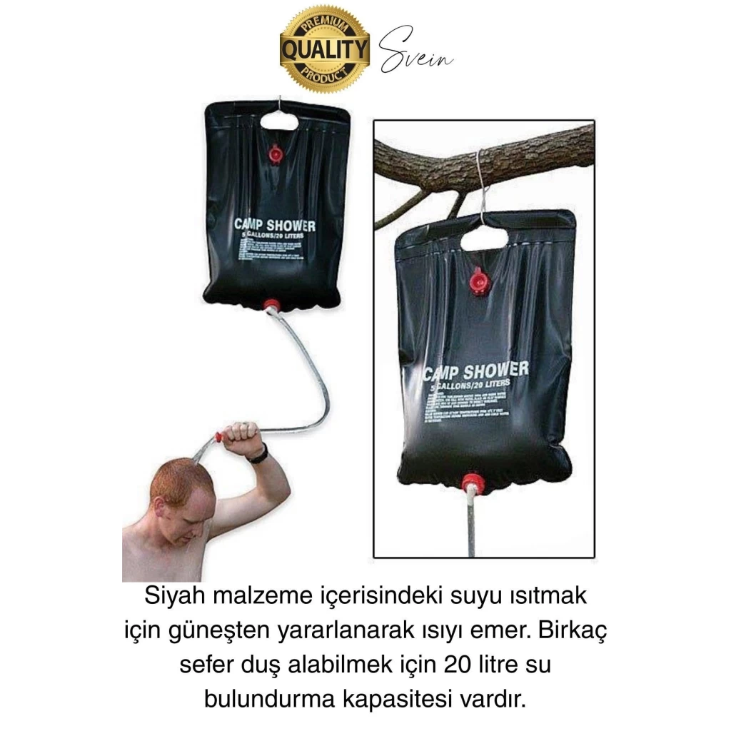 Premium Güneşte Isınabilen Taşınabilir Katlanabilen 20 Lt Kamp Duşu Seti Yıkanma Banyo Hortum Başlık