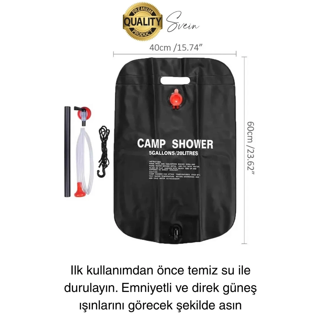 Premium Güneşte Isınabilen Taşınabilir Katlanabilen 20 Lt Kamp Duşu Seti Yıkanma Banyo Hortum Başlık