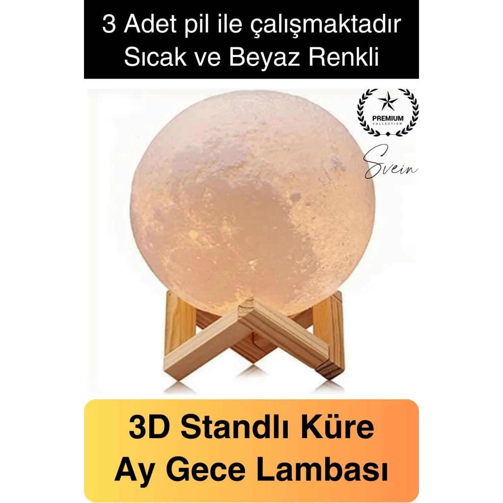 Dolunay 3D Ay Işıklı Standlı Pilli Dekoratif Gece Lambası Hediyelik Küre Led 15 Cm Loş Dekor