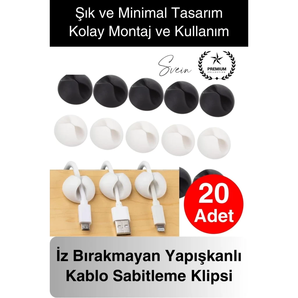 20li İz Bırakmaz Siyah Beyaz Kablo Sabitleme Klipsi Çalışma Masası Düzenleyici Ev Oda Ofis Pratik