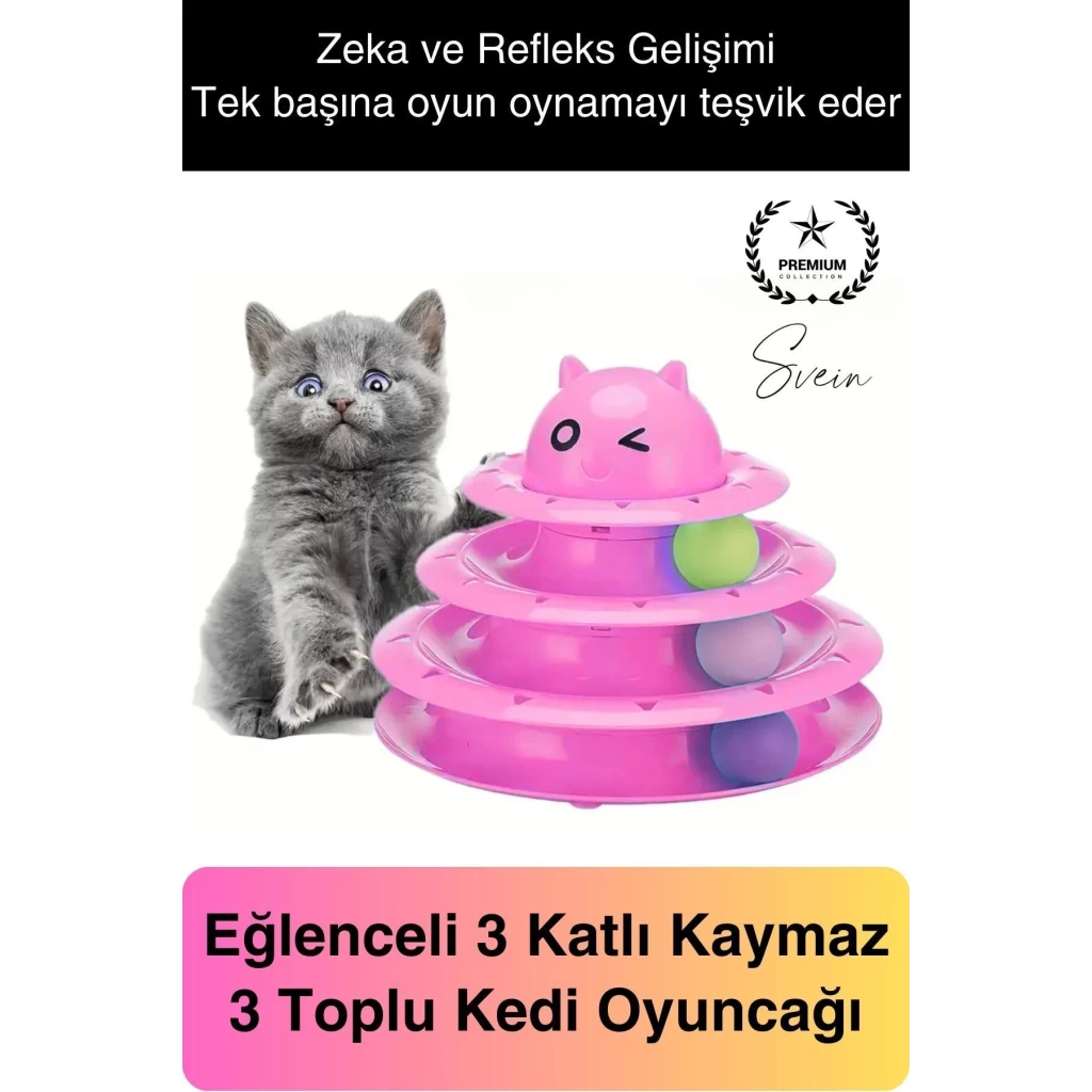 3 Katlı 3 Toplu Kedi Oyuncağı Yuvarlak Eğlence Dönen Hareketli ABS Plastik Çıngıraklı Zeka Gelişim