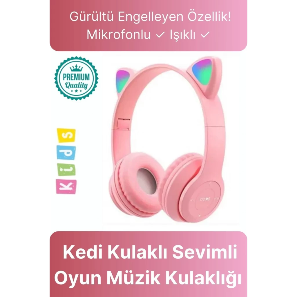 Kablosuz Gürültü Engelleyen Bluetooth Işıklı Mikrofonlu Kedi Kulaklı Sevimli Oyun Müzik Kulaklığı