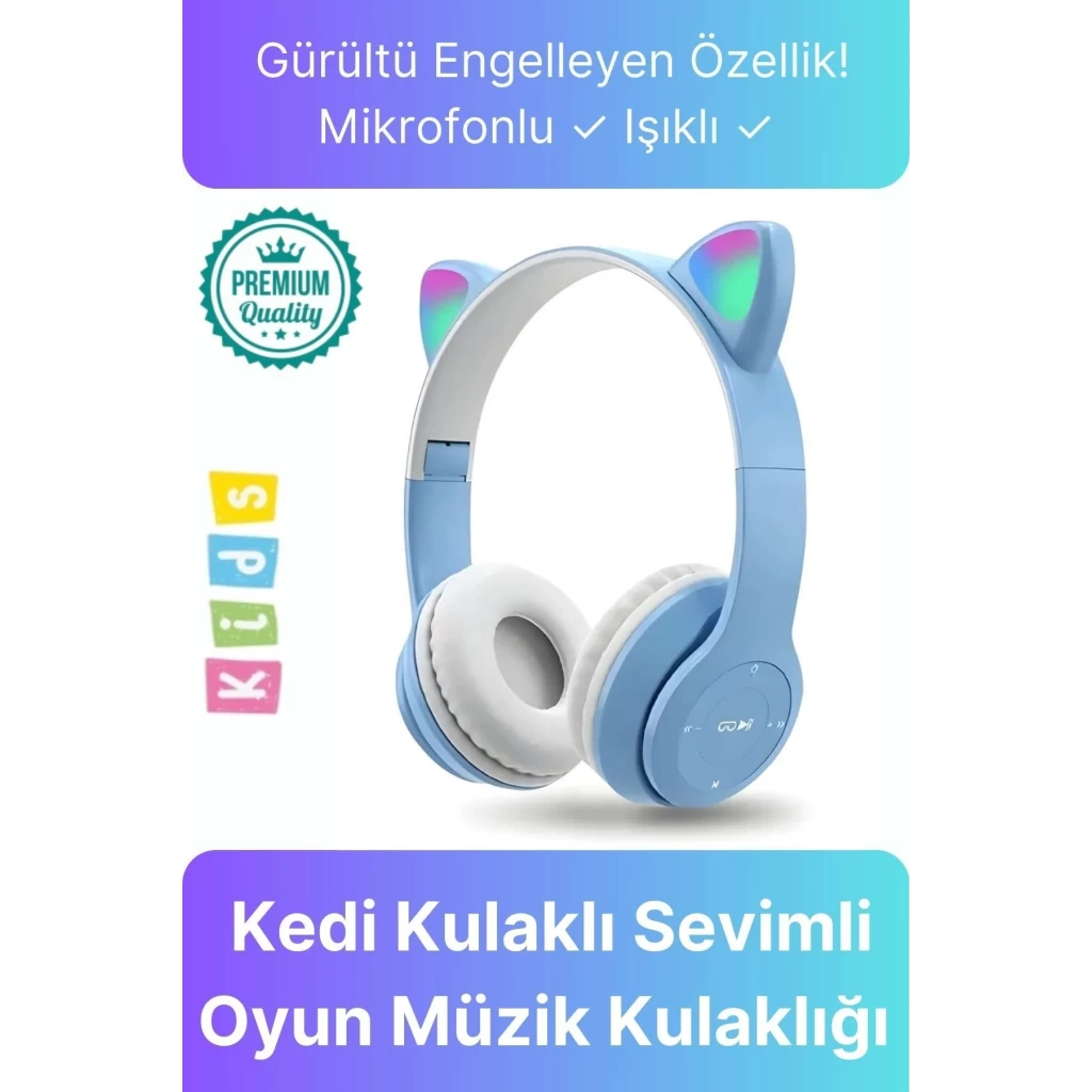 Kablosuz Gürültü Engelleyen Bluetooth Işıklı Mikrofonlu Kedi Kulaklı Sevimli Oyun Müzik Kulaklığı