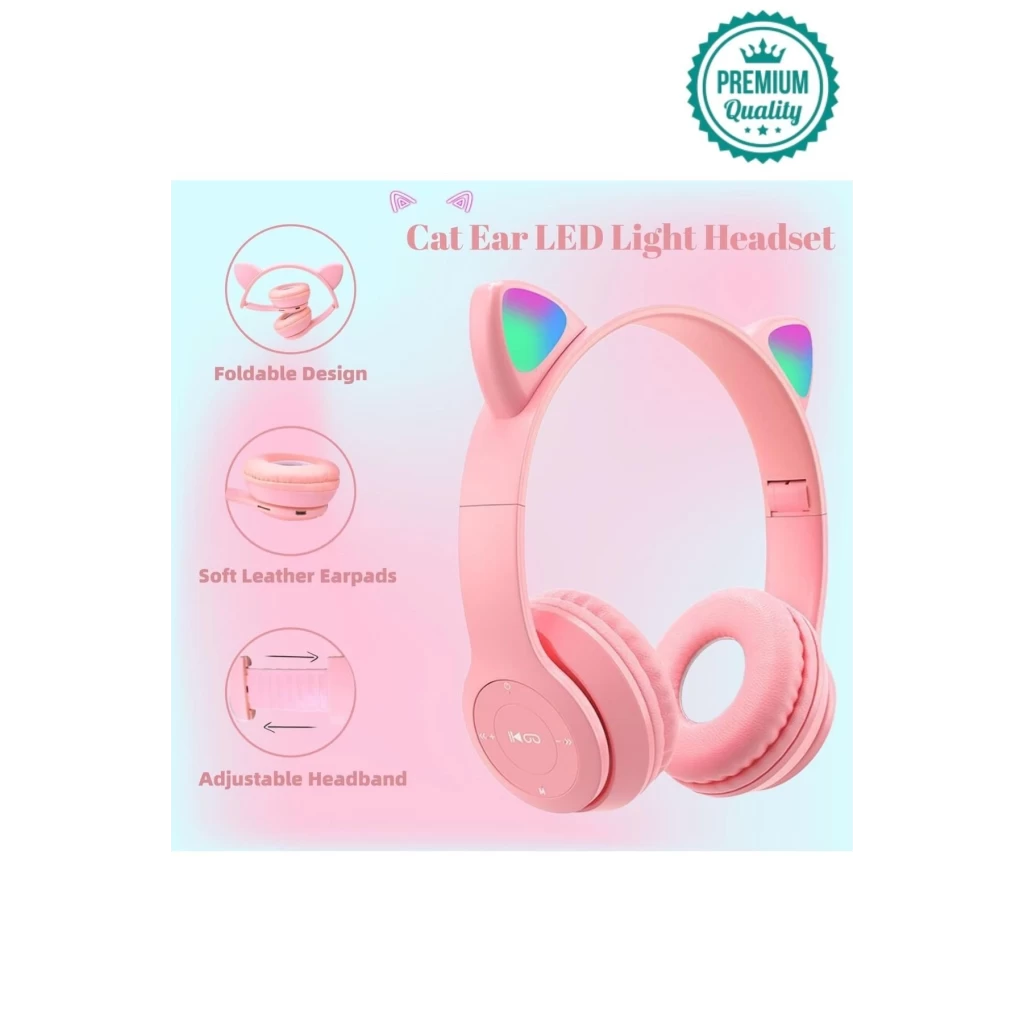 Kablosuz Gürültü Engelleyen Bluetooth Işıklı Mikrofonlu Kedi Kulaklı Sevimli Oyun Müzik Kulaklığı
