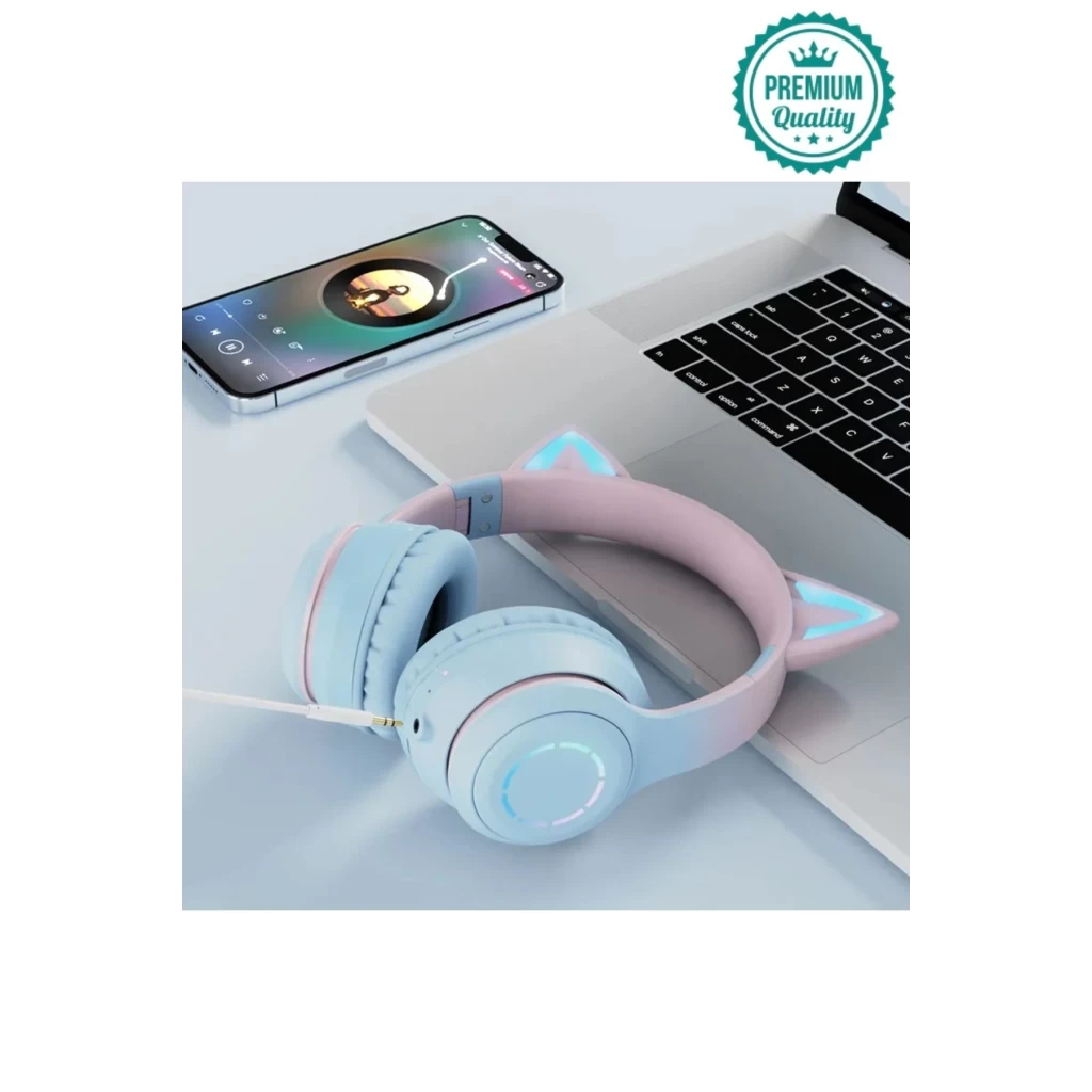 Kablosuz Gürültü Engelleyen Bluetooth Işıklı Mikrofonlu Kedi Kulaklı Sevimli Oyun Müzik Kulaklığı