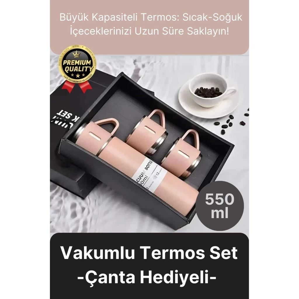 Kaliteli Paslanmaz Çelik Çift Katmanlı Sıcak Soğuk 3 Bardaklı Vakumlu Termos Çanta Hediyeli 550 Ml
