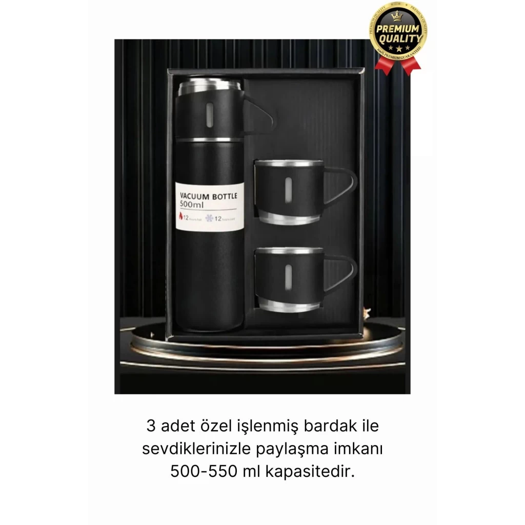 Kaliteli Paslanmaz Çelik Çift Katmanlı Sıcak Soğuk 3 Bardaklı Vakumlu Termos Çanta Hediyeli 550 Ml