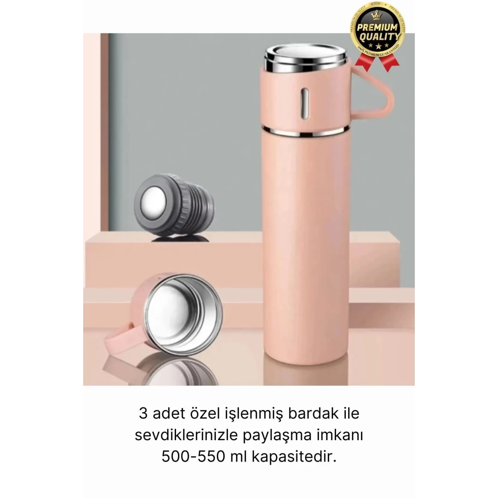 Kaliteli Paslanmaz Çelik Çift Katmanlı Sıcak Soğuk 3 Bardaklı Vakumlu Termos Çanta Hediyeli 550 Ml