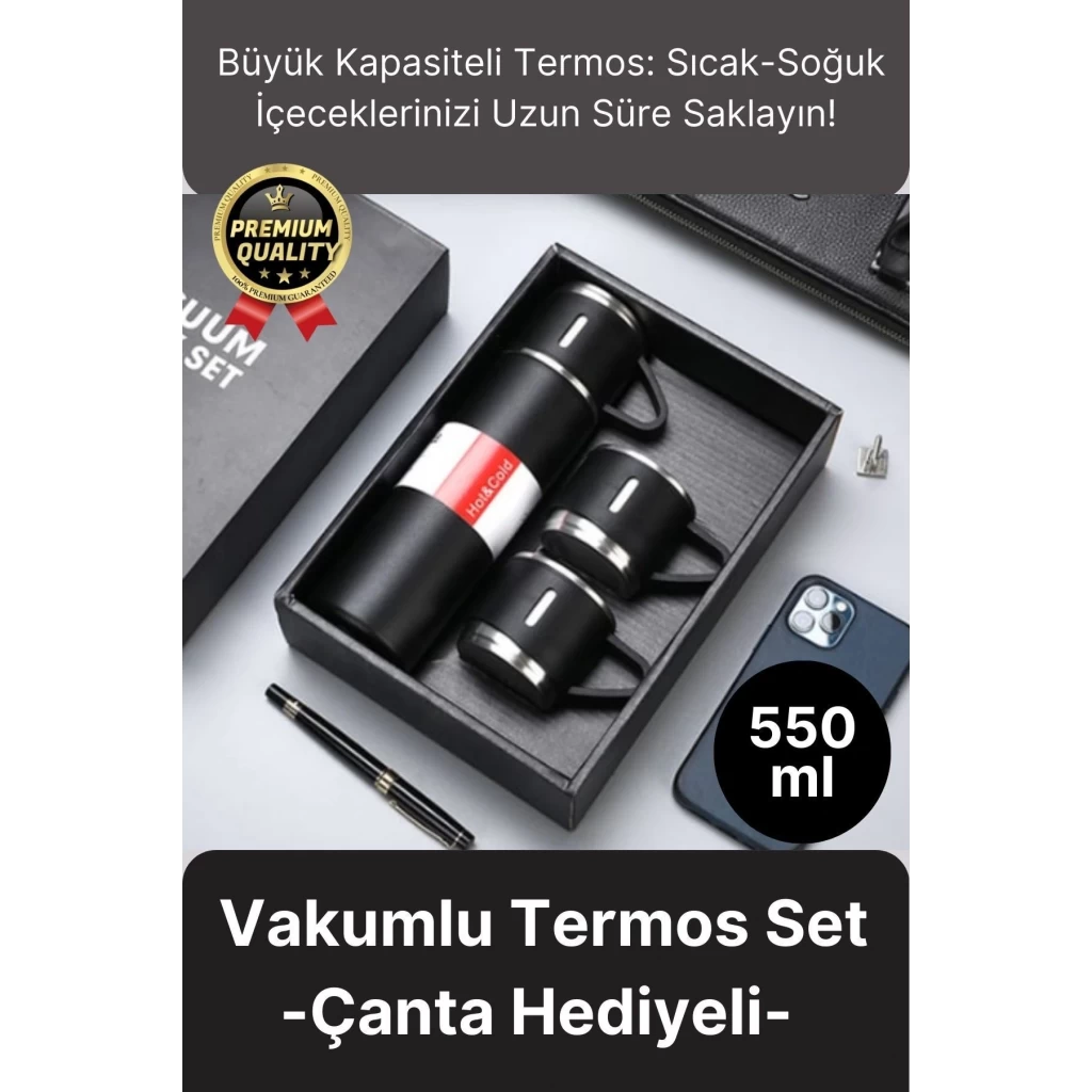 Kaliteli Paslanmaz Çelik Çift Katmanlı Sıcak Soğuk 3 Bardaklı Vakumlu Termos Çanta Hediyeli 550 Ml
