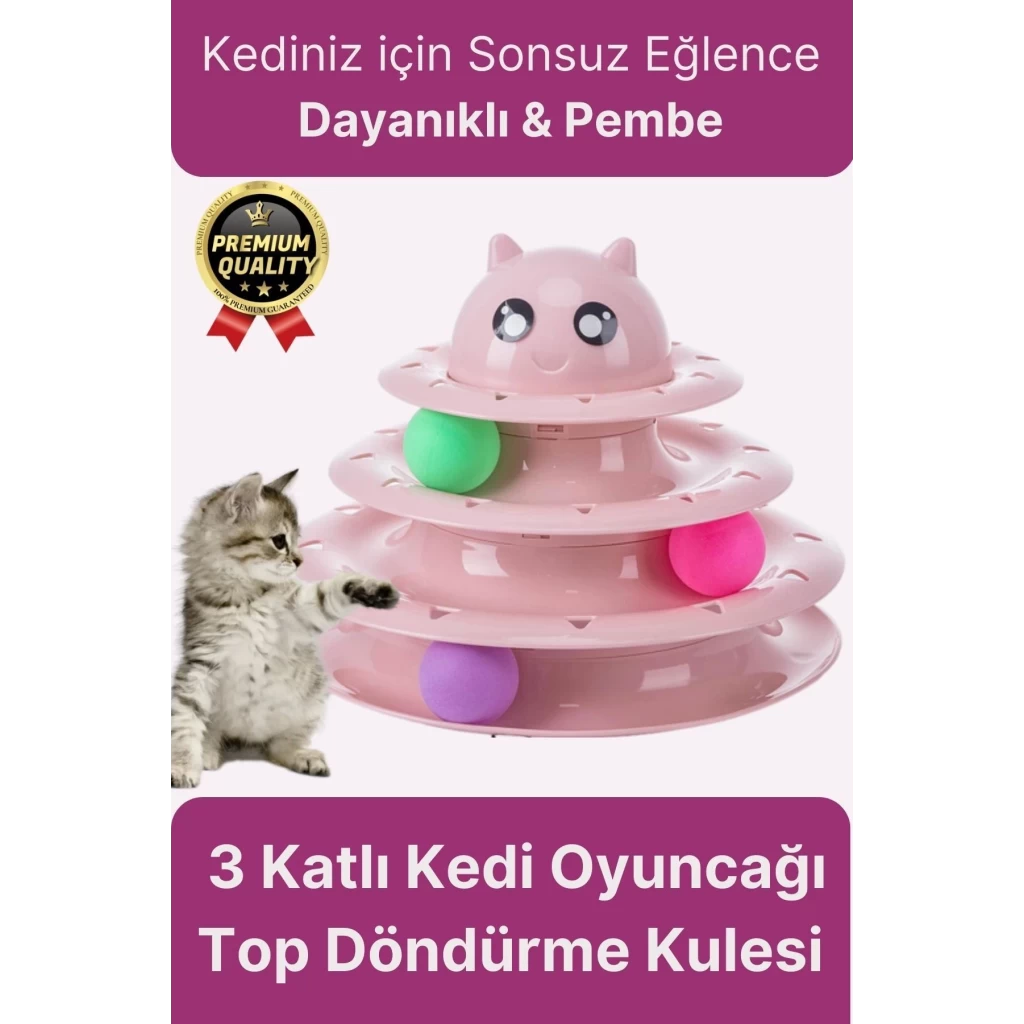 Premium Eğlenceli Renkli Dayanıklı Yuvarlak Kauçuk Pedli 3 Katlı Kedi Oyuncağı Top Döndürme Kulesi
