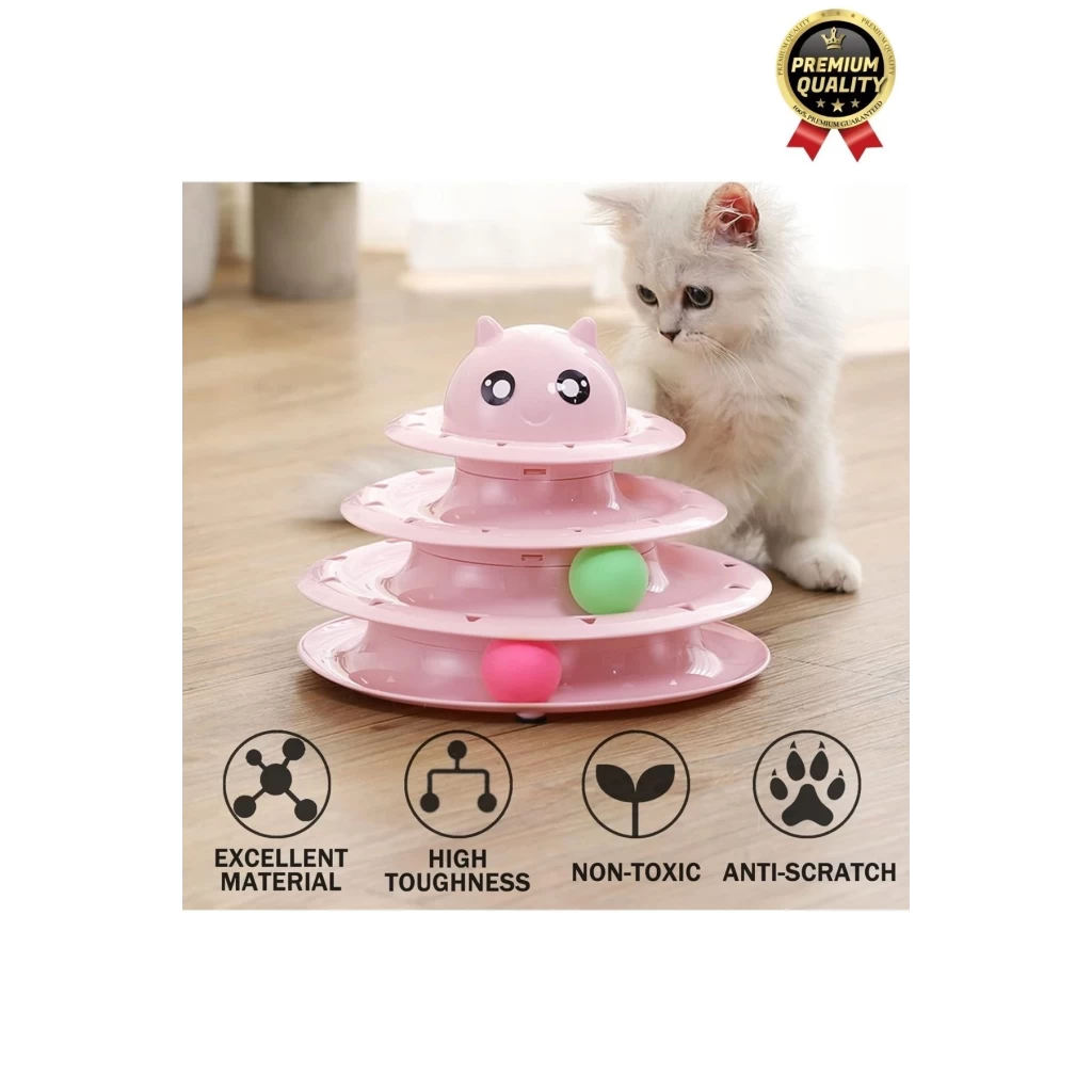 Premium Eğlenceli Renkli Dayanıklı Yuvarlak Kauçuk Pedli 3 Katlı Kedi Oyuncağı Top Döndürme Kulesi