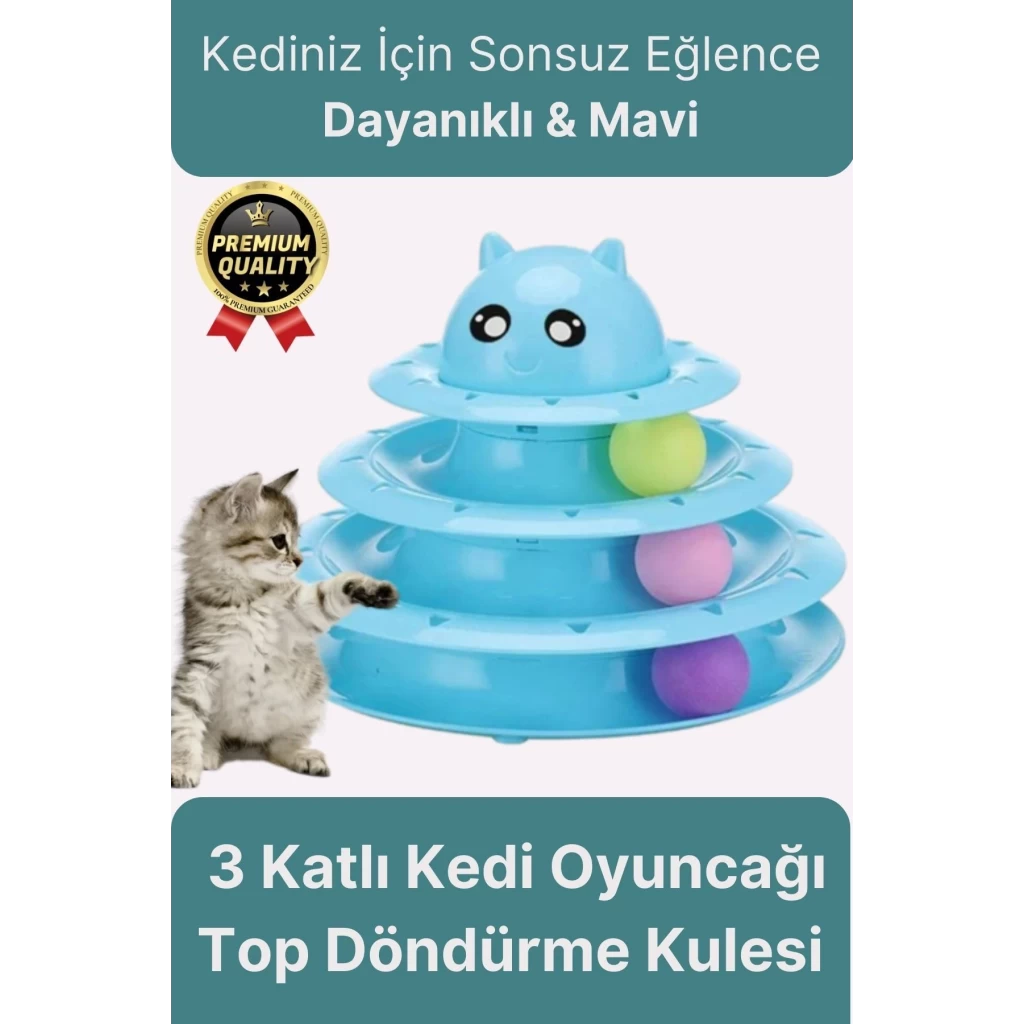 Premium Eğlenceli Renkli Dayanıklı Yuvarlak Kauçuk Pedli 3 Katlı Kedi Oyuncağı Top Döndürme Kulesi
