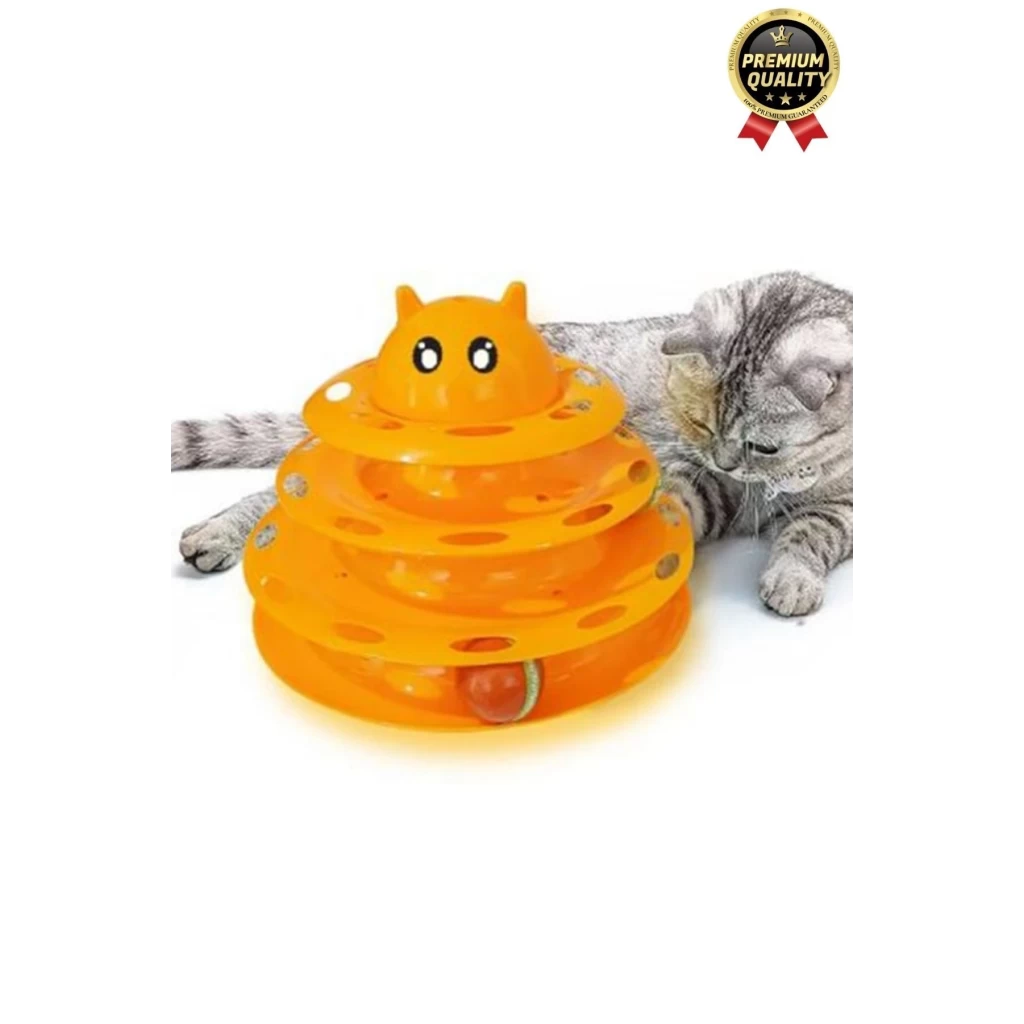 Premium Eğlenceli Renkli Dayanıklı Yuvarlak Kauçuk Pedli 3 Katlı Kedi Oyuncağı Top Döndürme Kulesi