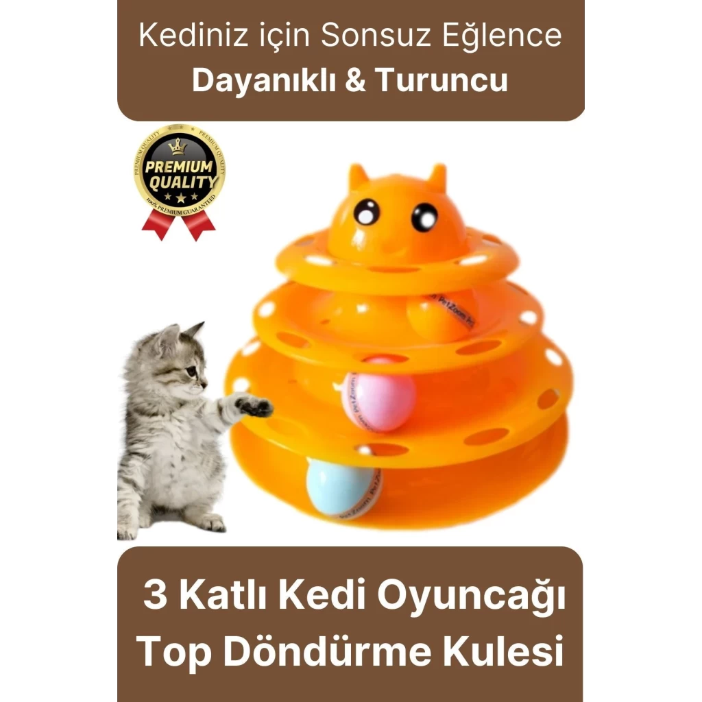 Premium Eğlenceli Renkli Dayanıklı Yuvarlak Kauçuk Pedli 3 Katlı Kedi Oyuncağı Top Döndürme Kulesi