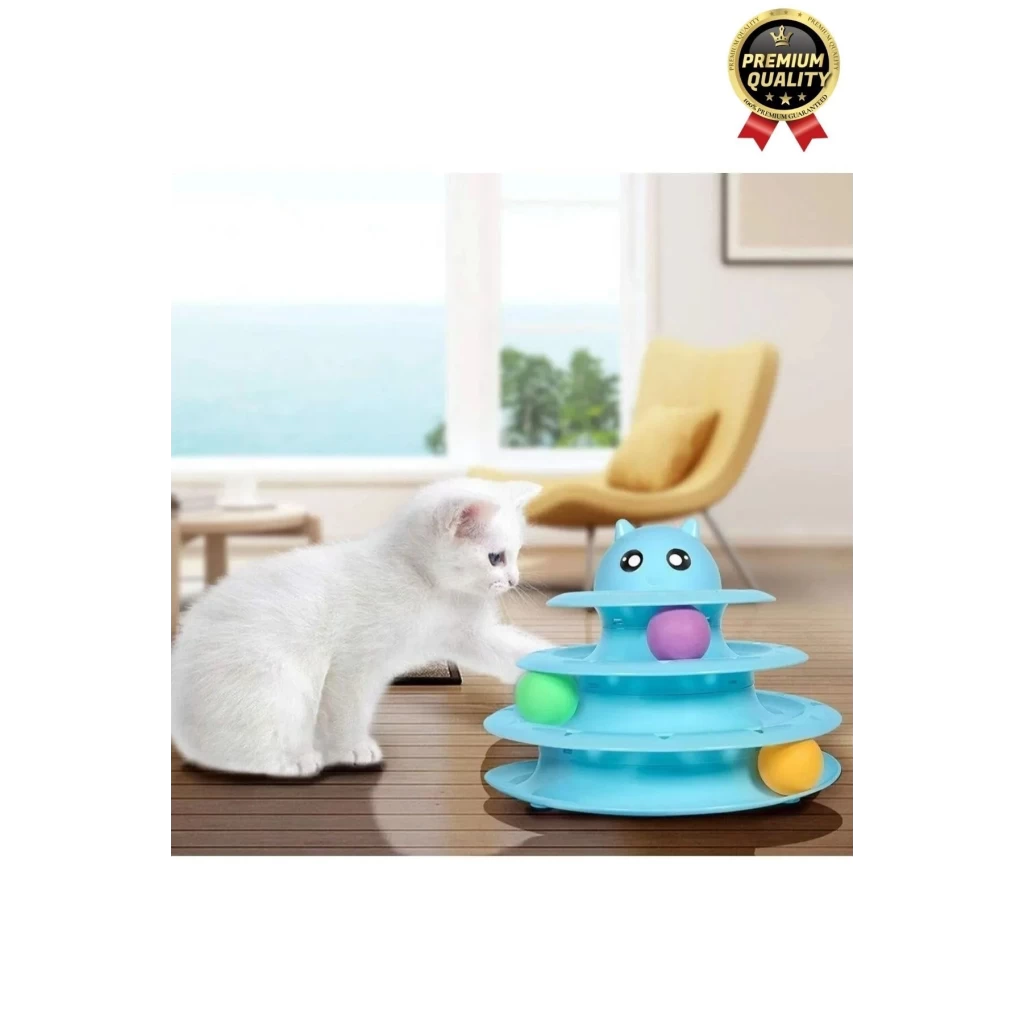 Premium Eğlenceli Renkli Dayanıklı Yuvarlak Kauçuk Pedli 3 Katlı Kedi Oyuncağı Top Döndürme Kulesi