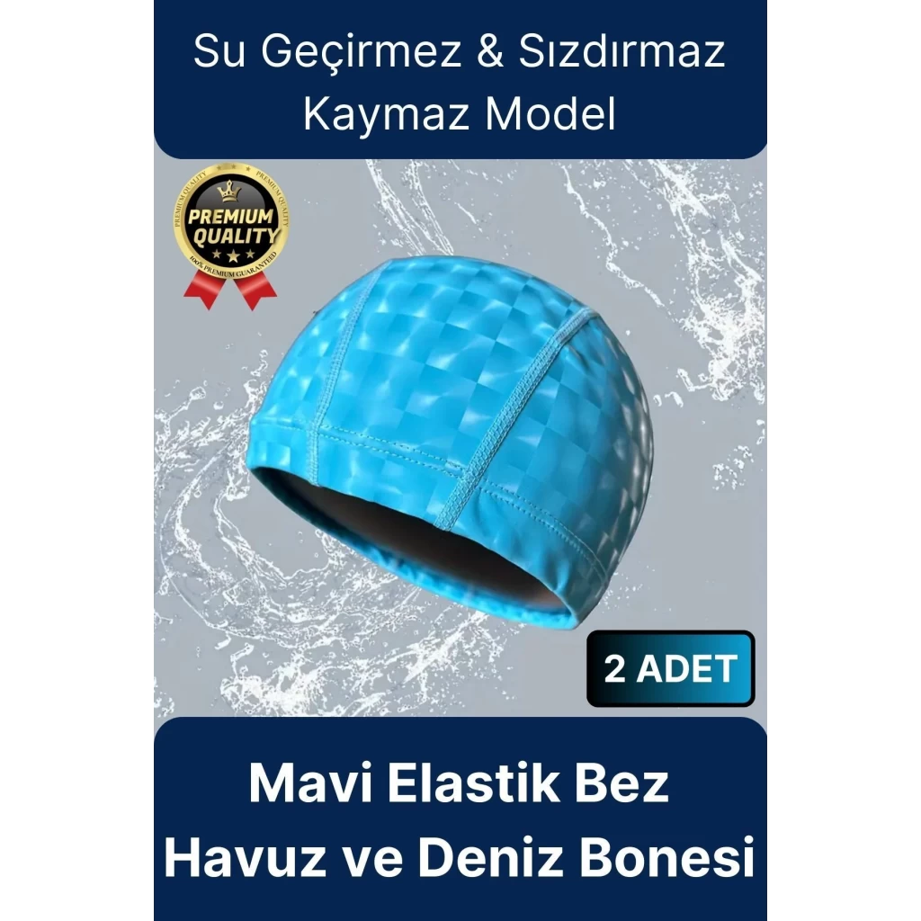 Premium Su Geçirmez Sızdırmaz Kaymaz Kaliteli Yüzücü Şapka Elastik Bez 2li Deniz Havuz Yüzme Bonesi