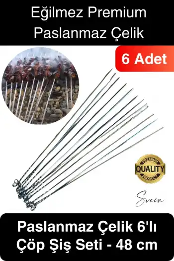 6 Adet Yüksek Kalite 48 cm Mangal Ciğer Kuşbaşı Kebap Şiş Paslanmaz Çelik Adana Urfa Izgara
