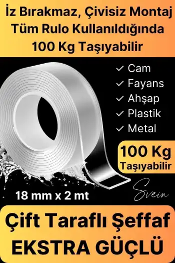 Ekstra Güçlü Çift Taraflı Bant İz Bırakmaz Şeffaf Çok Amaçlı Tamir Silikon Montaj Bandı 18mm X 2mt