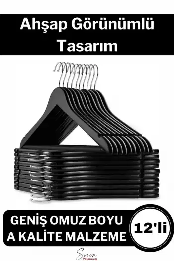 Premium Ahşap Görünümlü Kırılmaz Dayanıklı Plastik A Kalite Siyah Kıyafet Elbise Askı 12li