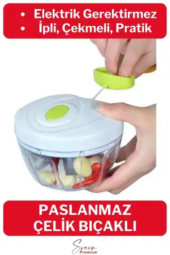 Premium Manuel 3 Bıçaklı Ipli Çekmeli Paslanmaz El Rondosu Kolay Hızlı Meyve Sebze Soğan Doğrayıcı