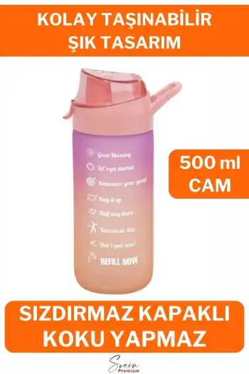 Motivasyonel Cam Su Şişesi Çift Renkli Kapaklı Sızdırmaz Akıtmaz Sporcu Suluk Bpa İçermez 500 ml