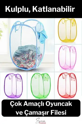 Çok Amaçlı Oyuncak ve Çamaşır Saklama Selesi Katlanabilir Çok Renkli Fileli Eşya İstifleme Sepeti