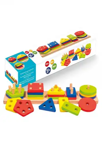 Eğitici Ahşap Geometrik Şekiller Geçirmeli Bultak Yerleştirme Oyunu 5li Puzzle Zeka Geliştirme