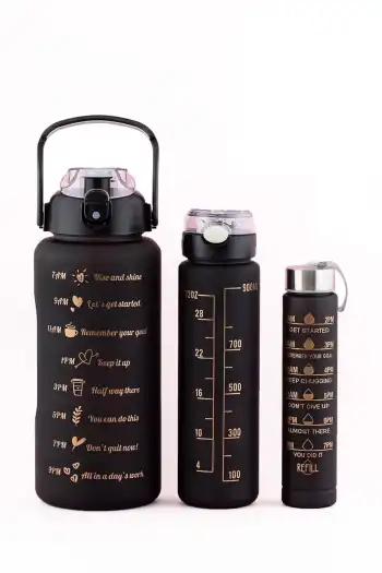 3lü Siyah Motivasyonel Set Su Matarası Şişesi Suluk 2 lt 900 ml 500 ml Tritan Spor Okul Ofis Günlük